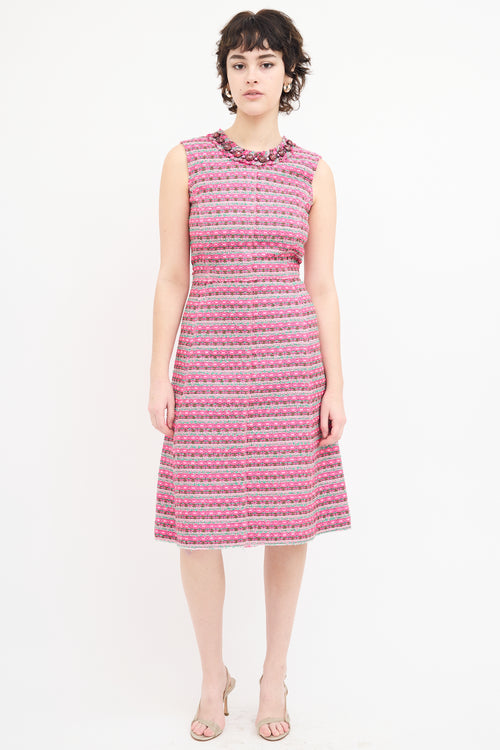 Marc Jacobs Pink 
Green Tweed Embellished Dress