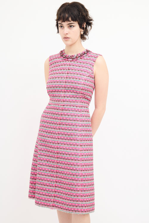 Marc Jacobs Pink 
Green Tweed Embellished Dress