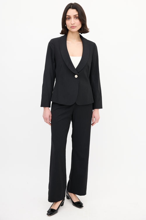 Max Mara Black Wool Pinstripe Belted Suit