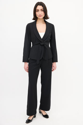 Max Mara Black Wool Pinstripe Belted Suit