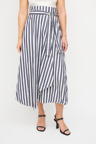 Max Mara Navy 
White Stripe Midi Wrap Skirt