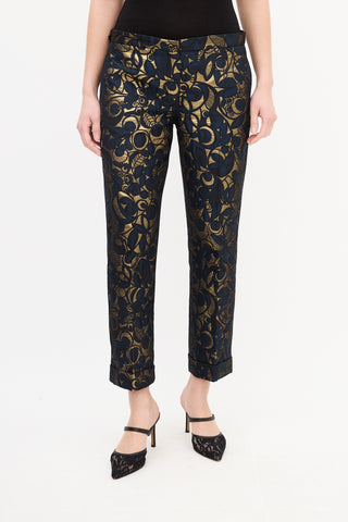 Max Mara S Navy 
Gold Brocade Cropped Trouser