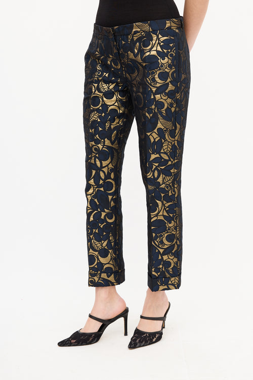 Max Mara S Navy 
Gold Brocade Cropped Trouser