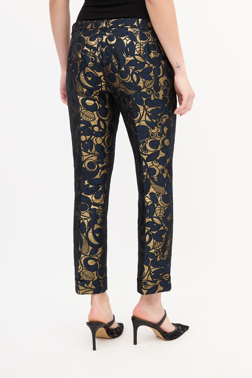 Max Mara S Navy 
Gold Brocade Cropped Trouser