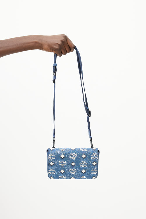 MCM Blue 
White Mini Aren Denim Monogram Bag