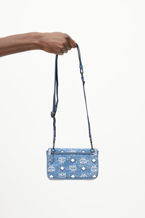 MCM Blue 
White Mini Aren Denim Monogram Bag