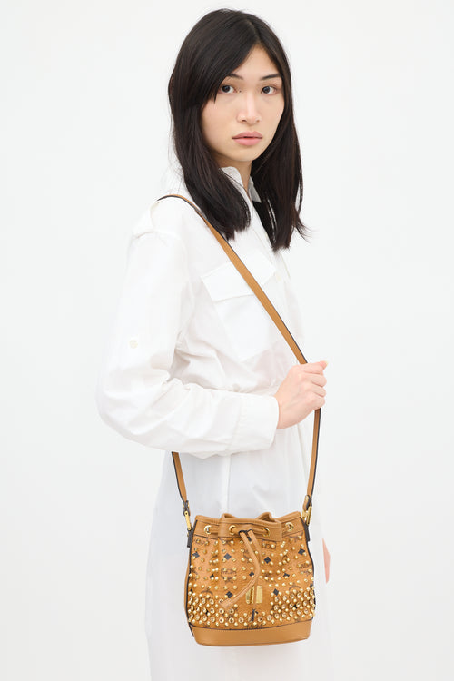 MCM Brown Leather Visetos Bucket Bag