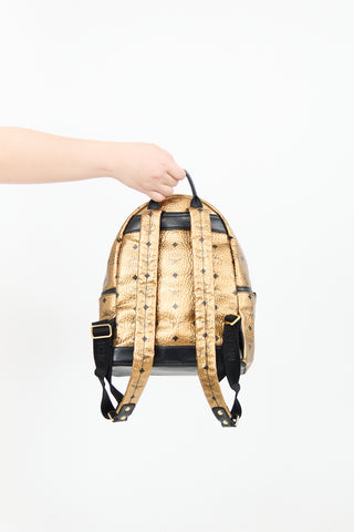 MCM Gold Leather Studded Dual Stark Backpack