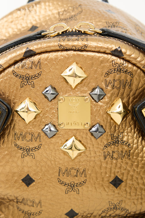 MCM Gold Leather Studded Dual Stark Backpack