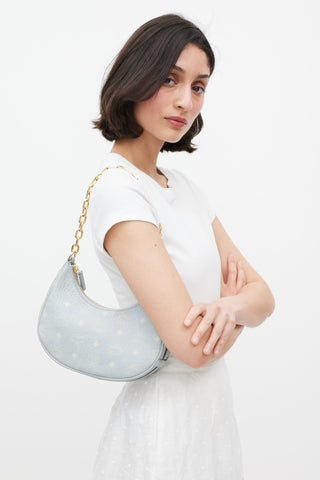 MCM Light Blue Monogram Leather Small Aren Crescent Bag