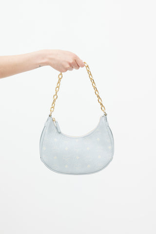 MCM Light Blue Monogram Leather Small Aren Crescent Bag