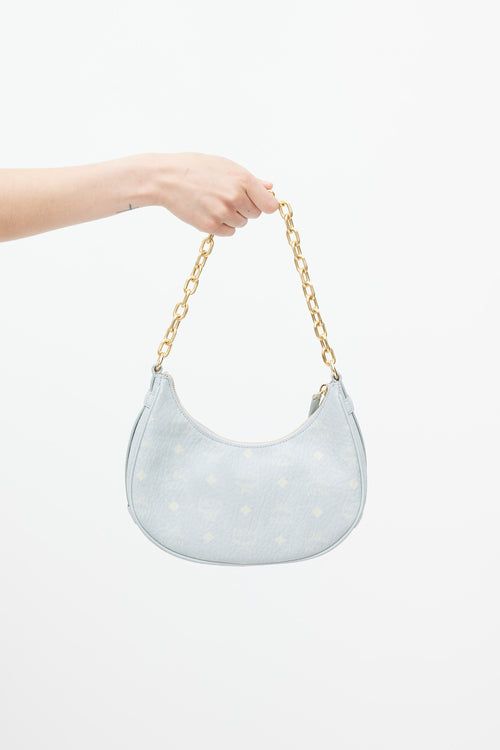 MCM Light Blue Monogram Leather Small Aren Crescent Bag