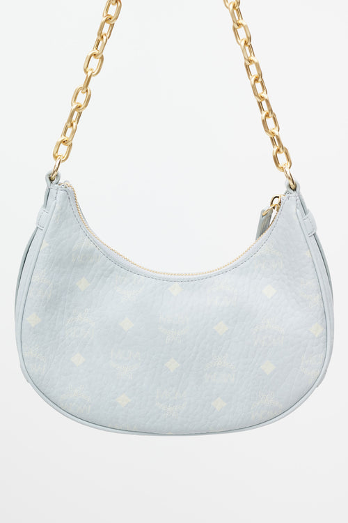 MCM Light Blue Monogram Leather Small Aren Crescent Bag