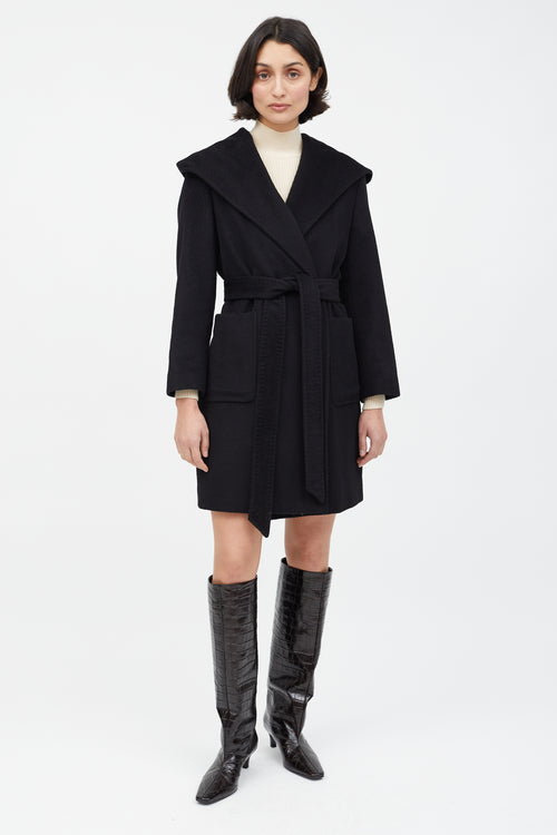 Max Mara Black Wool Hooded Wrap Coat