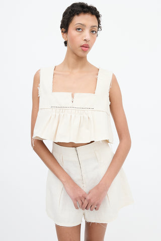 Miu Miu Cream Canvas Pleated Peplum Crop Top