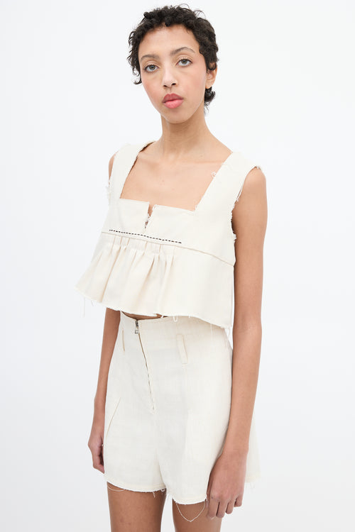 Miu Miu Cream Canvas Pleated Peplum Crop Top