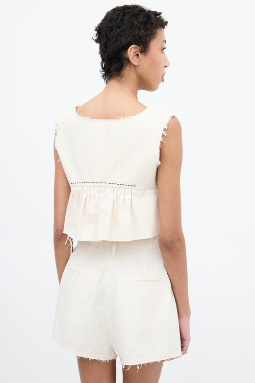 Miu Miu Cream Canvas Pleated Peplum Crop Top