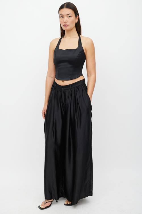 MM6 Maison Margiela Black Satin Wide Leg Asymmetrical Trouser