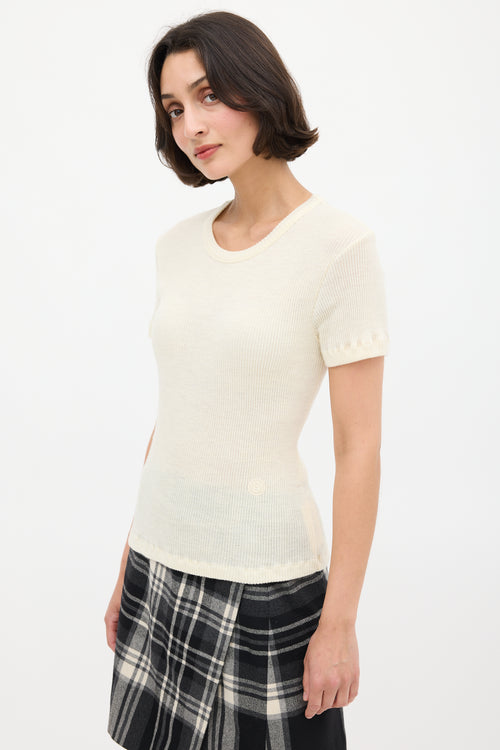 MM6 Maison Margiela Cream Ribbed Knit Embroidered Logo Top