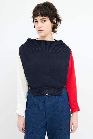 Monse Navy 
Multi Color Block Off Shoulder Sweater