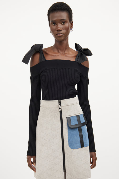 MSGM Black Ribbed Off The Shoulder Bow Top