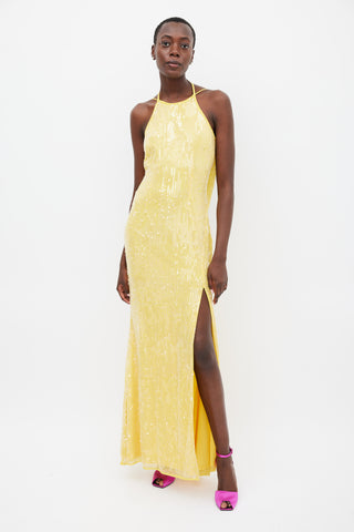 Mac Duggal Yellow Sequin Cowl Back Maxi Dress