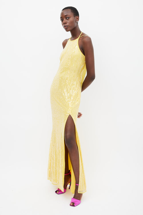 Mac Duggal Yellow Sequin Cowl Back Maxi Dress