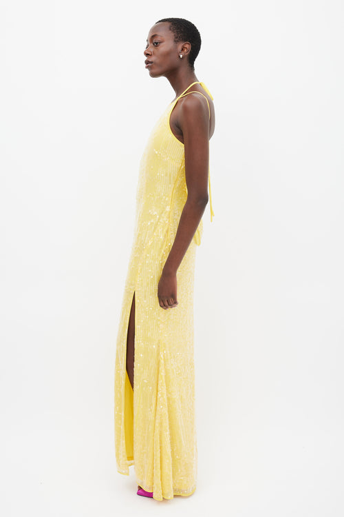 Mac Duggal Yellow Sequin Cowl Back Maxi Dress