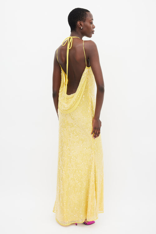 Mac Duggal Yellow Sequin Cowl Back Maxi Dress