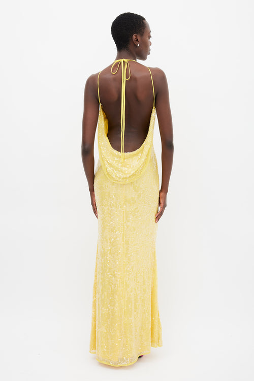 Mac Duggal Yellow Sequin Cowl Back Maxi Dress