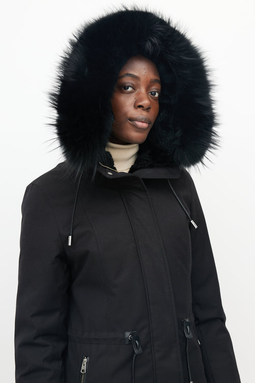 Mackage Black Fur Collar Drawstring Waist Parka