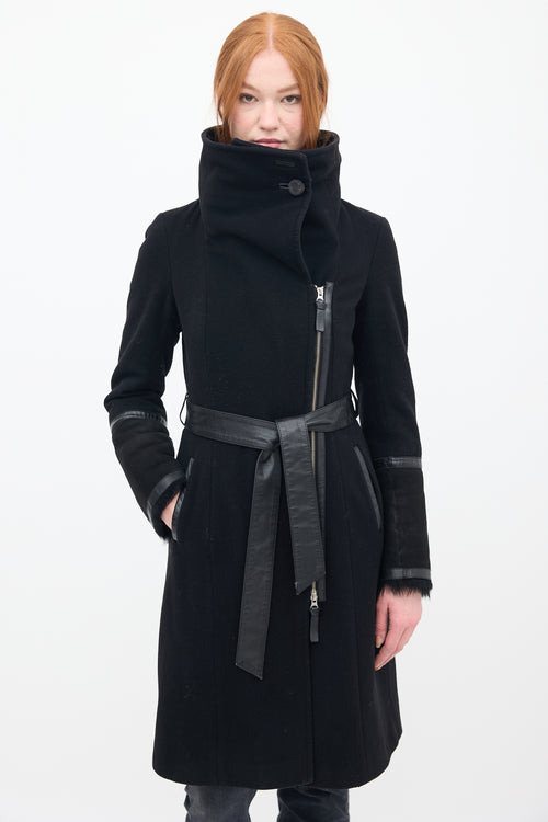 Mackage Black Wool 
Shearling Belted Coat