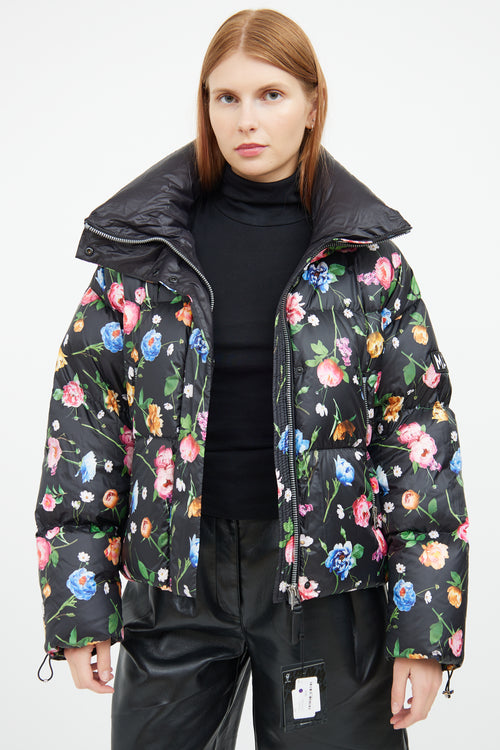 Black Floral Down Zip Jacket