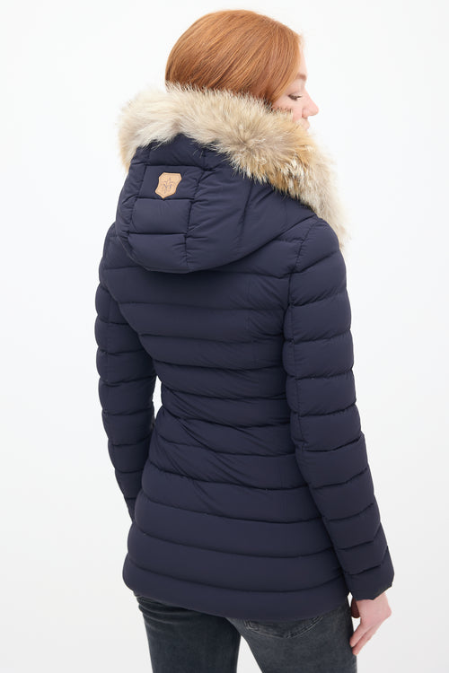 Mackage Navy Down 
Fur Trim Hooded Puffer Jacket