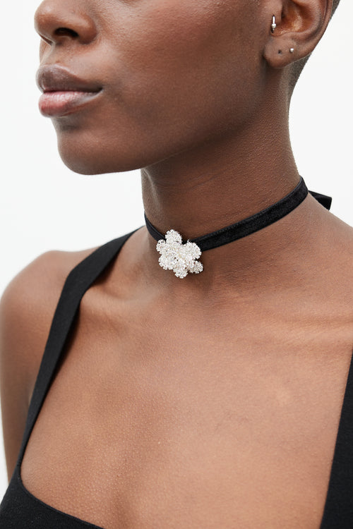 Magda Butrym Black Velvet 
Crystal Flower Tie Necklace