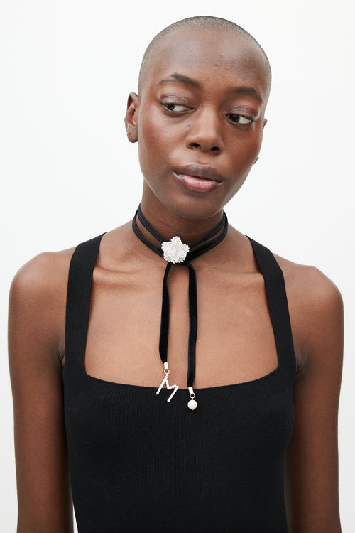 Magda Butrym Black Velvet 
Crystal Flower Tie Necklace