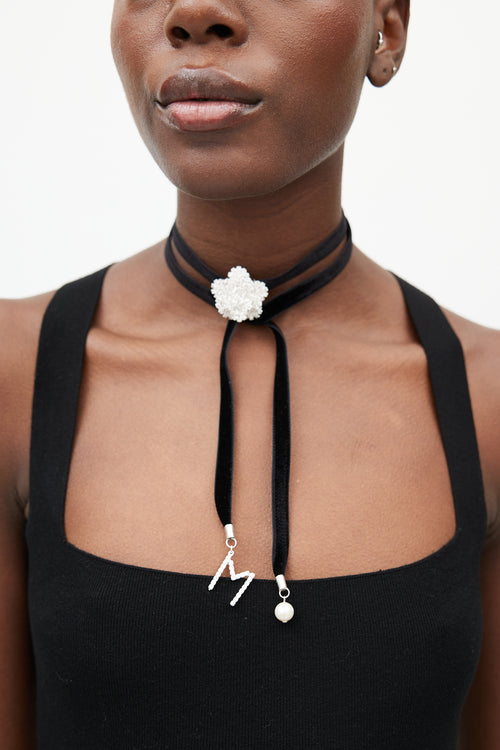 Magda Butrym Black Velvet 
Crystal Flower Tie Necklace