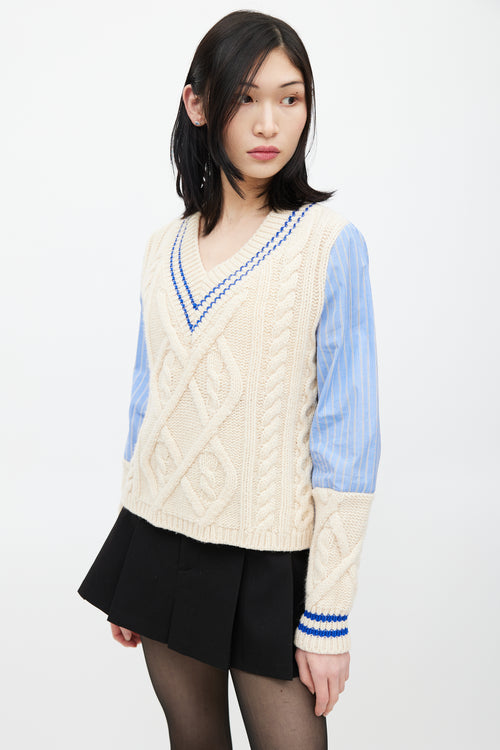 Maison Margiela Blue 
Cream Knit Striped Shirt Sweater