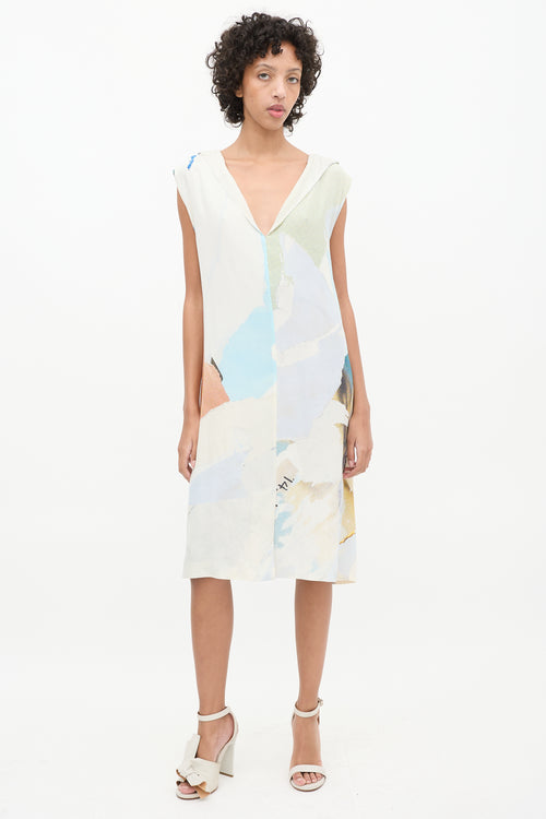 Maison Margiela Blue 
Multi Silk Printed V-Neck Dress