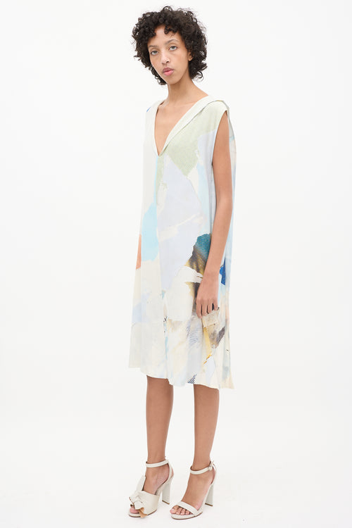 Maison Margiela Blue 
Multi Silk Printed V-Neck Dress