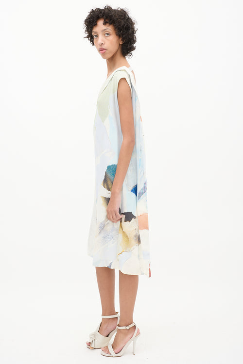 Maison Margiela Blue 
Multi Silk Printed V-Neck Dress