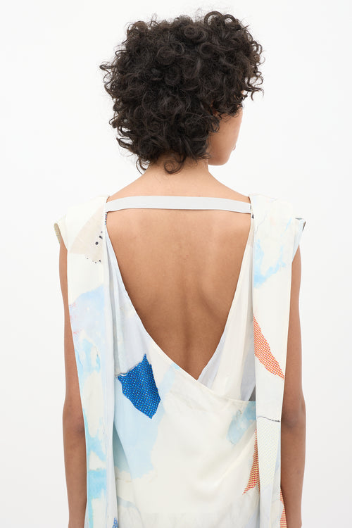 Maison Margiela Blue 
Multi Silk Printed V-Neck Dress