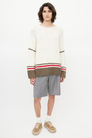 Maison Margiela Cream 
Grey Striped Wool Fringe Sweater