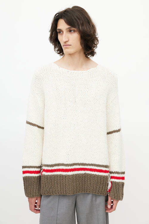 Maison Margiela Cream 
Grey Striped Wool Fringe Sweater