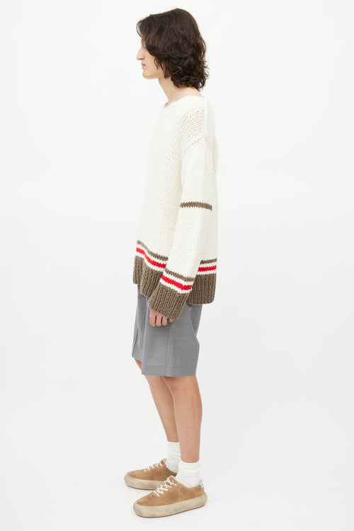 Maison Margiela Cream 
Grey Striped Wool Fringe Sweater