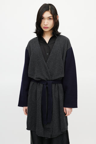 Maison Margiela Navy 
Grey Wool Belted Cardigan