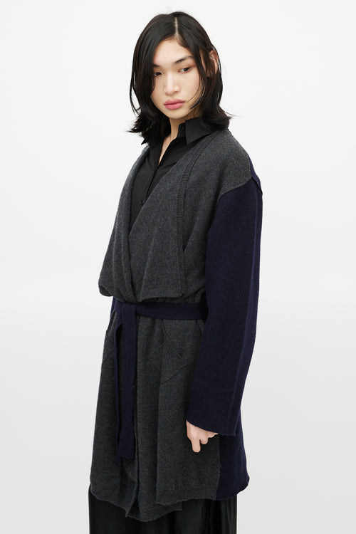 Maison Margiela Navy 
Grey Wool Belted Cardigan