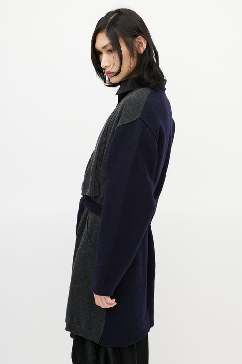 Maison Margiela Navy 
Grey Wool Belted Cardigan