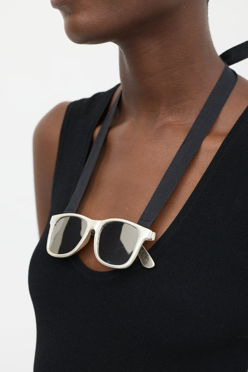 Maison Margiela Silver 
Black Faux Sunglasses Ribbon Necklace