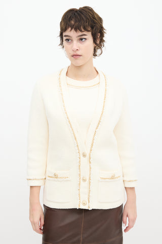 Maje Cream Cotton Boucle Chain Trim Cardigan